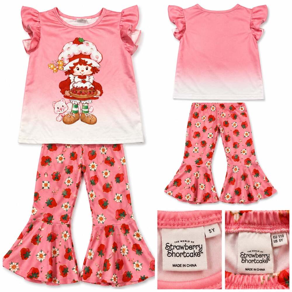 Strawberry Shortcake Girls 2-Piece Flutter Sleeve Ombre Shirt and Strawberry Pri